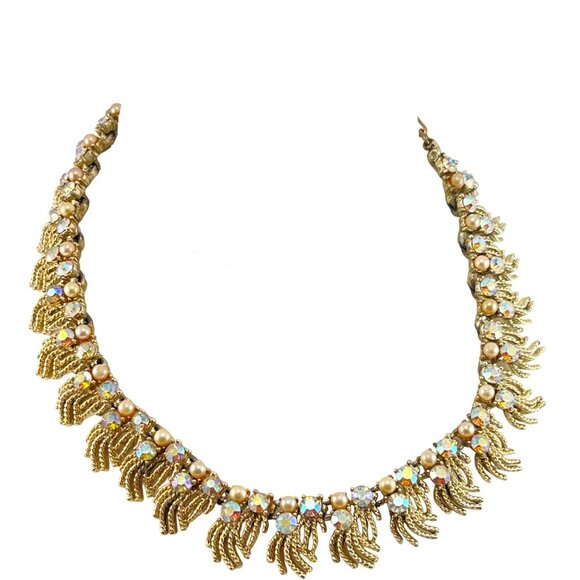 Coro Aurora Borealis Choker Necklace from 1950's with Faux Pearls - Picture 5 of 8